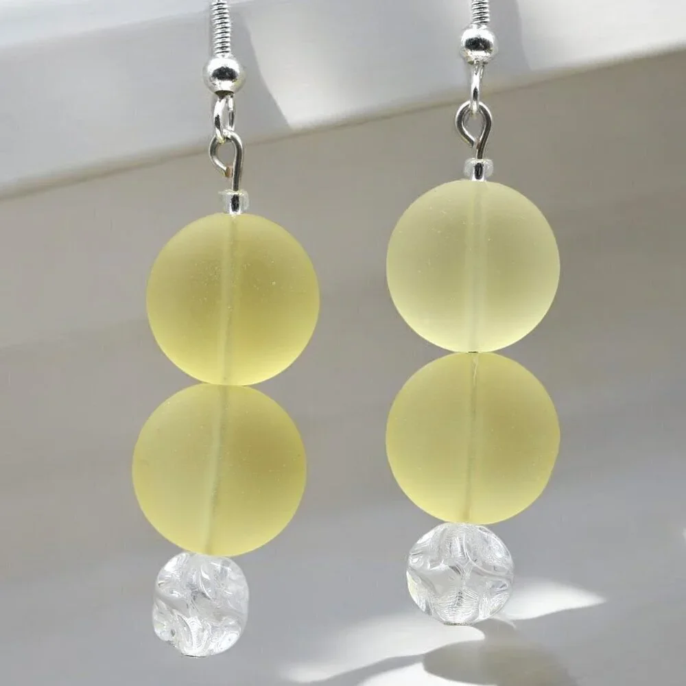 Yellow Sea Glass Drop Earrings | Handmade - Picture 3 of 4
